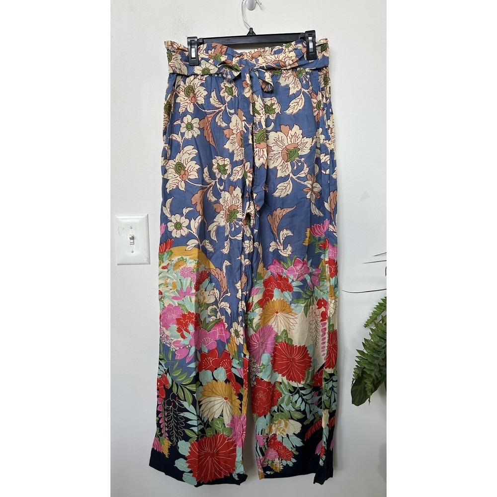 NEW Anthropologie Leilani Floral Wide Leg Pants Blue Boho Vibrant Trouser Sz M - Picture 2 of 7